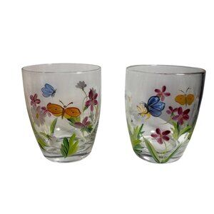 Floral & Butterfly Glass Tumblers Hand Painted Set of 2 4.25" Tall Garden Party
